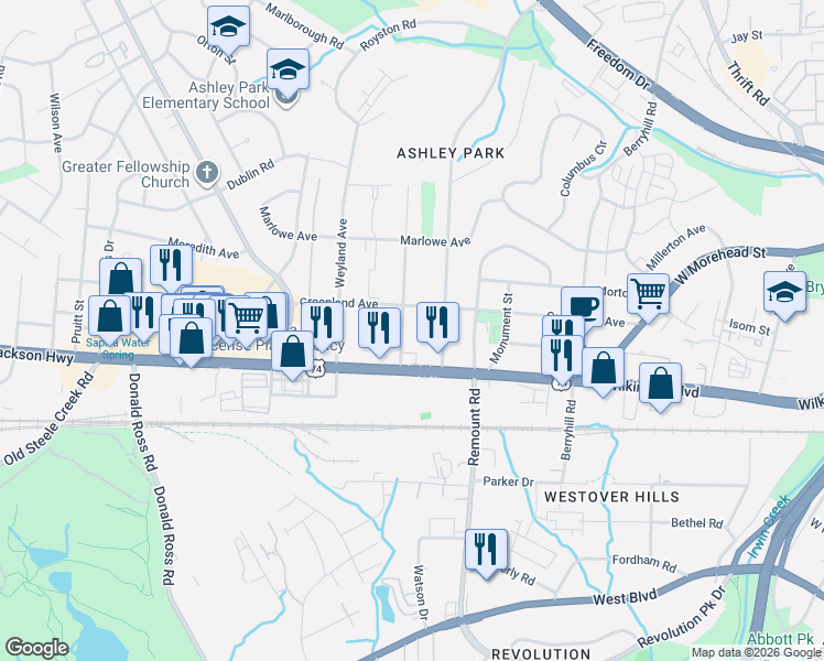 map of restaurants, bars, coffee shops, grocery stores, and more near in Charlotte