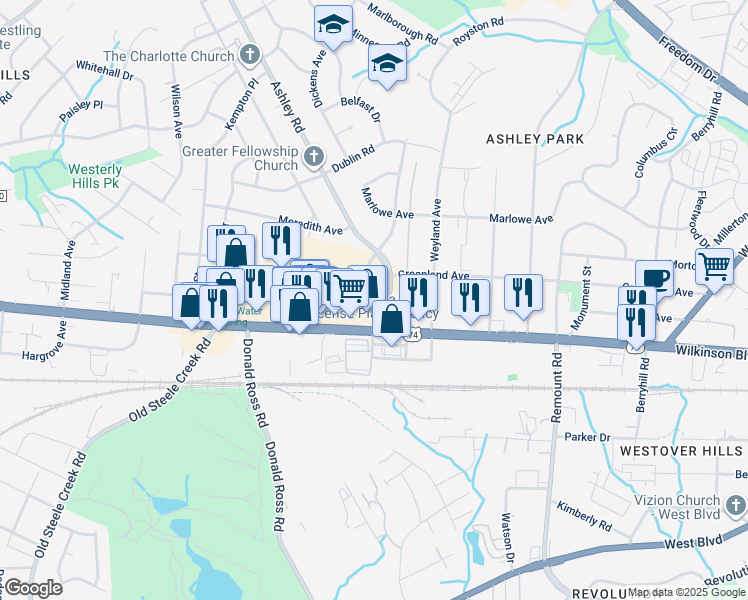 map of restaurants, bars, coffee shops, grocery stores, and more near 2800-2830 Ashley Rd in Charlotte