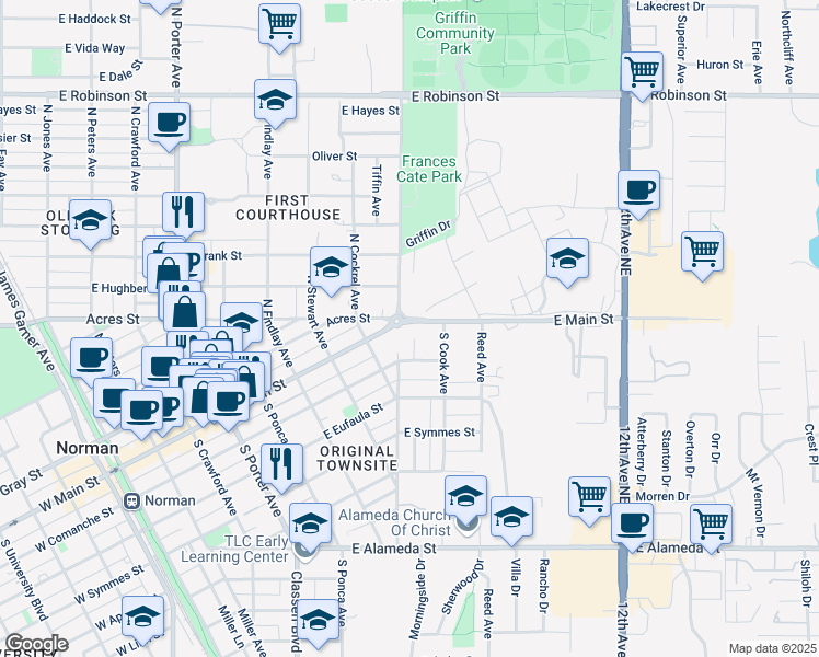map of restaurants, bars, coffee shops, grocery stores, and more near 102 North Carter Avenue in Norman