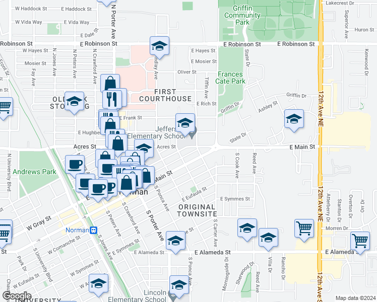 map of restaurants, bars, coffee shops, grocery stores, and more near 250 North Cockrel Avenue in Norman