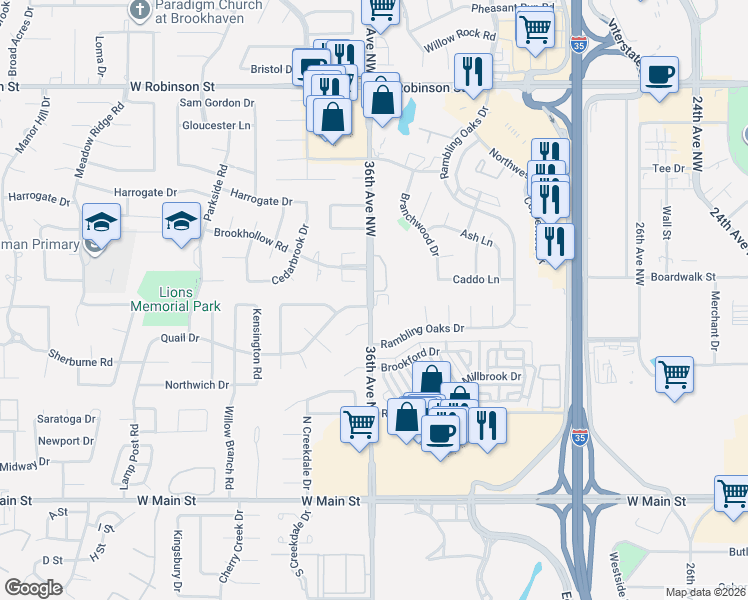 map of restaurants, bars, coffee shops, grocery stores, and more near 703 36th Avenue Northwest in Norman