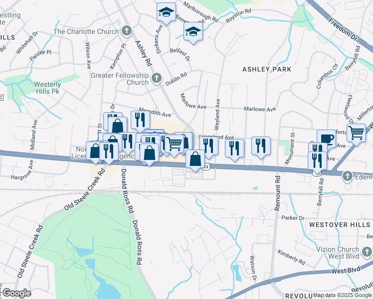 map of restaurants, bars, coffee shops, grocery stores, and more near 2752 Ashley Road in Charlotte