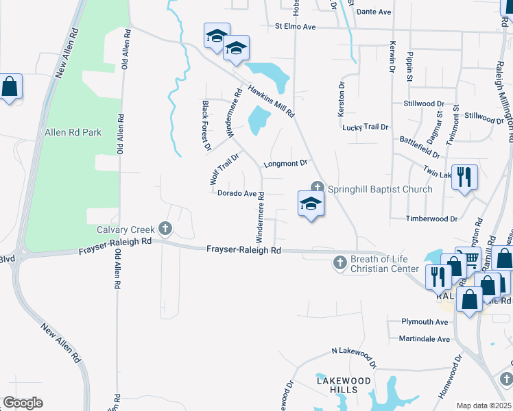 map of restaurants, bars, coffee shops, grocery stores, and more near 3653 Windermere Road in Memphis