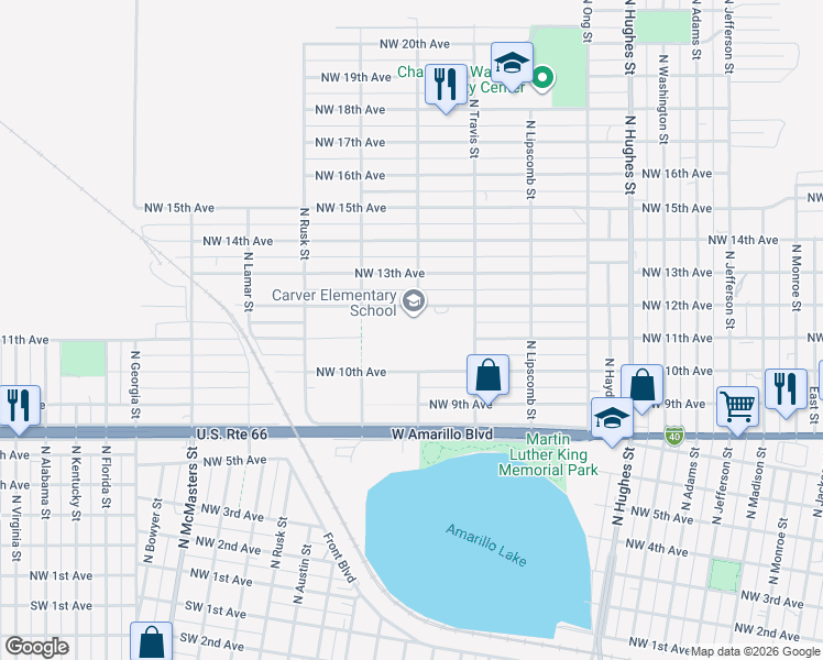 map of restaurants, bars, coffee shops, grocery stores, and more near 1905 Northwest 12th Avenue in Amarillo