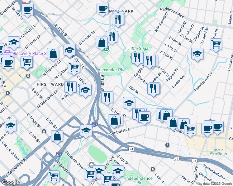 map of restaurants, bars, coffee shops, grocery stores, and more near 1015 Skyline View Way in Charlotte