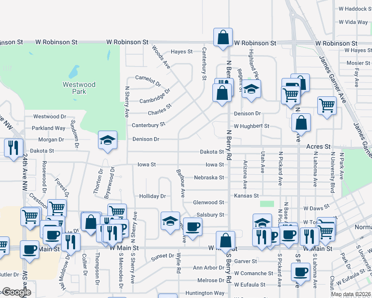map of restaurants, bars, coffee shops, grocery stores, and more near 1243 Dakota Street in Norman