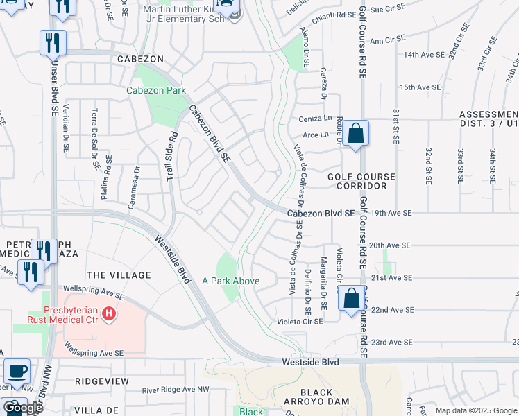 map of restaurants, bars, coffee shops, grocery stores, and more near 2112 Las Brisas Circle Southeast in Rio Rancho