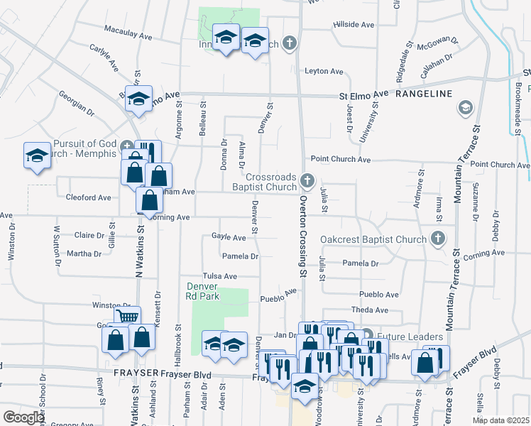 map of restaurants, bars, coffee shops, grocery stores, and more near 2044 Corning Avenue in Memphis