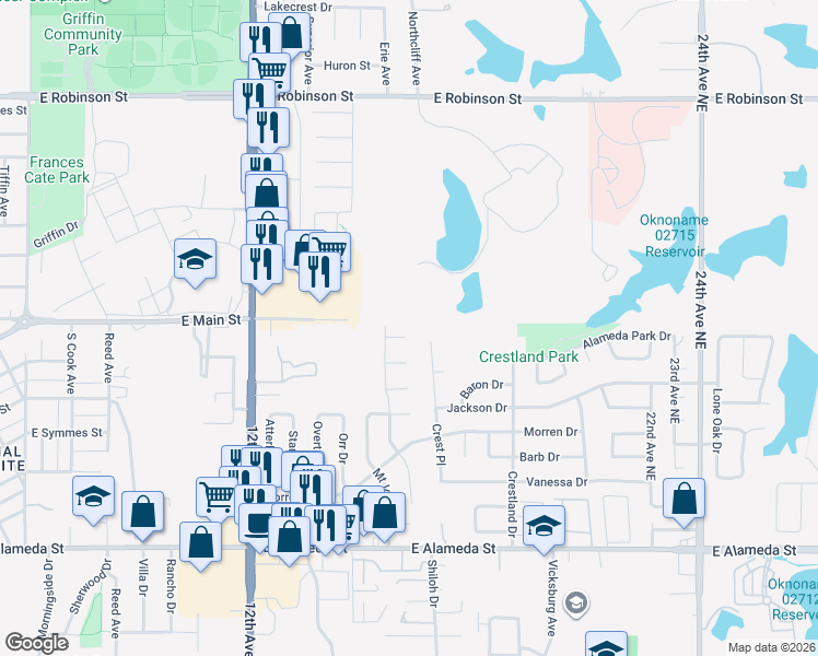 map of restaurants, bars, coffee shops, grocery stores, and more near 1523 Silver Creek Circle in Norman