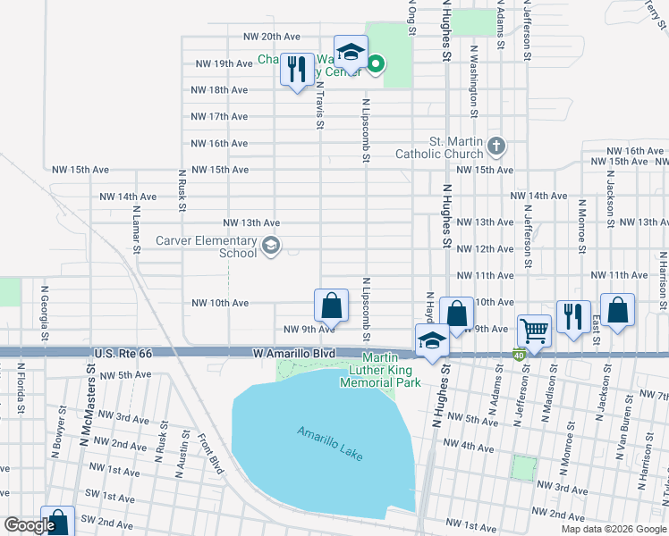 map of restaurants, bars, coffee shops, grocery stores, and more near 1445 Northwest 12th Avenue in Amarillo