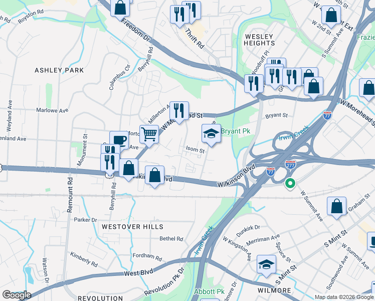map of restaurants, bars, coffee shops, grocery stores, and more near 2050 Suttle Avenue in Charlotte