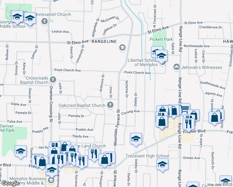 map of restaurants, bars, coffee shops, grocery stores, and more near 3674 Irma Street in Memphis
