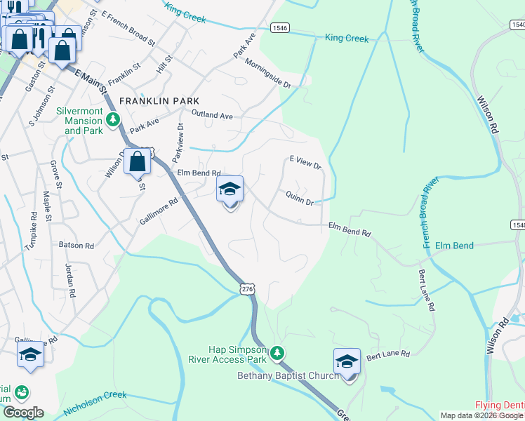 map of restaurants, bars, coffee shops, grocery stores, and more near 360 Elm Bend Road in Brevard