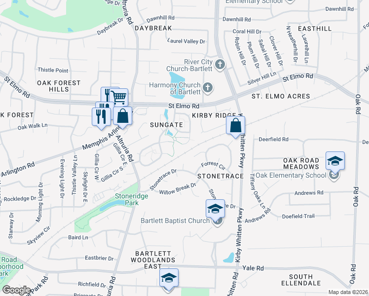 map of restaurants, bars, coffee shops, grocery stores, and more near 3630 Dawnridge Cove in Memphis