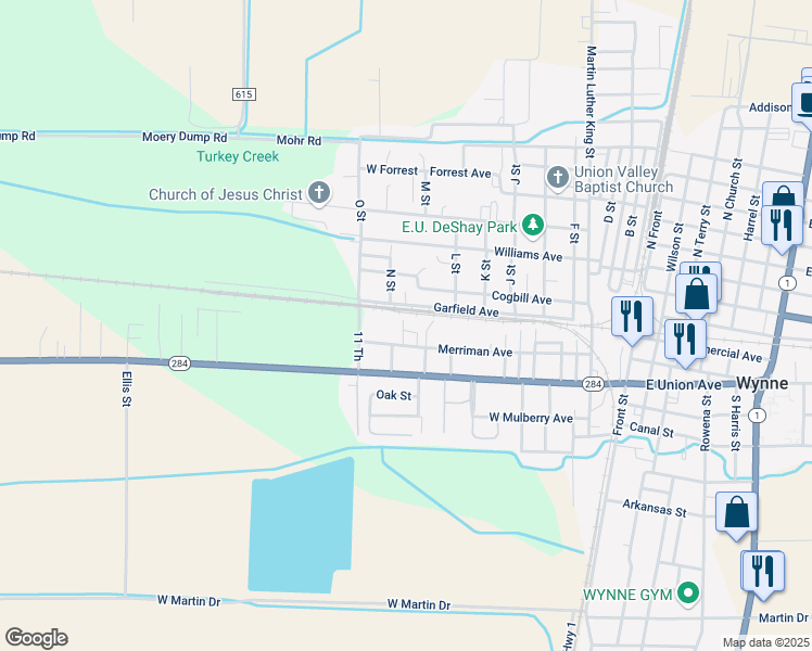 map of restaurants, bars, coffee shops, grocery stores, and more near 1020 Garfield Avenue in Wynne