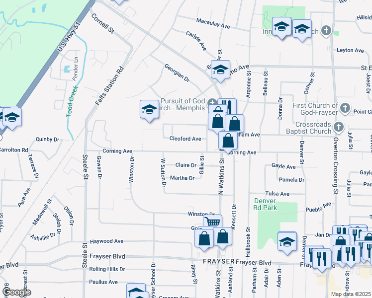 map of restaurants, bars, coffee shops, grocery stores, and more near 1729 Cleoford Avenue in Memphis