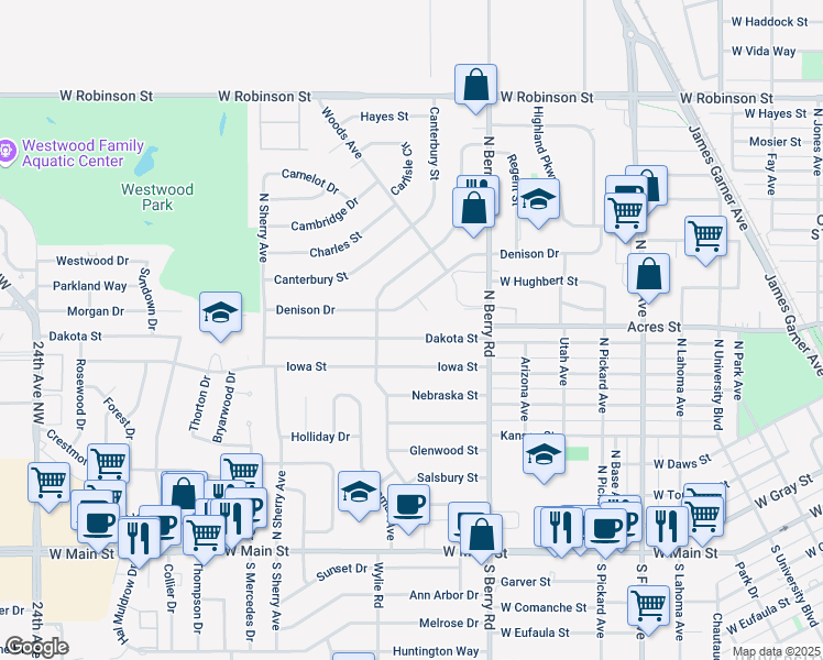 map of restaurants, bars, coffee shops, grocery stores, and more near 1416 Denison Drive in Norman