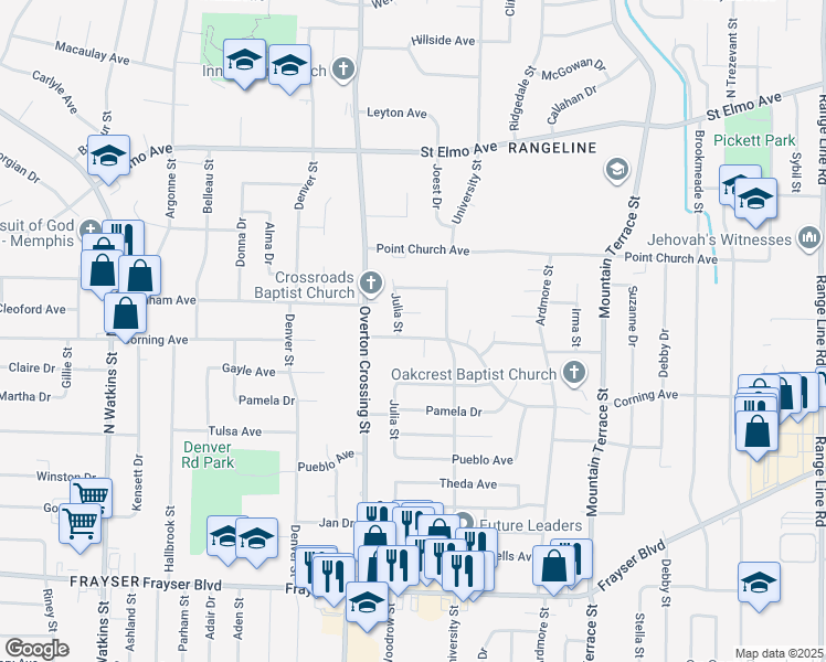 map of restaurants, bars, coffee shops, grocery stores, and more near 2166 Corning Avenue in Memphis