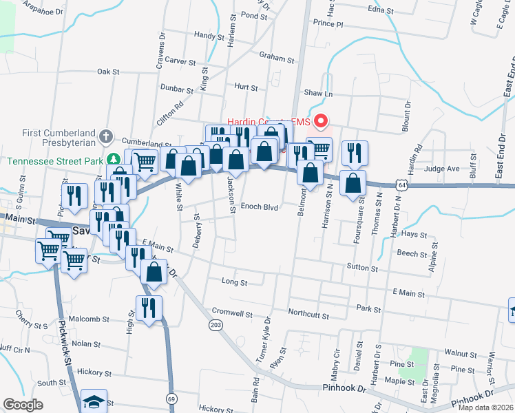 map of restaurants, bars, coffee shops, grocery stores, and more near Enoch Boulevard in Savannah