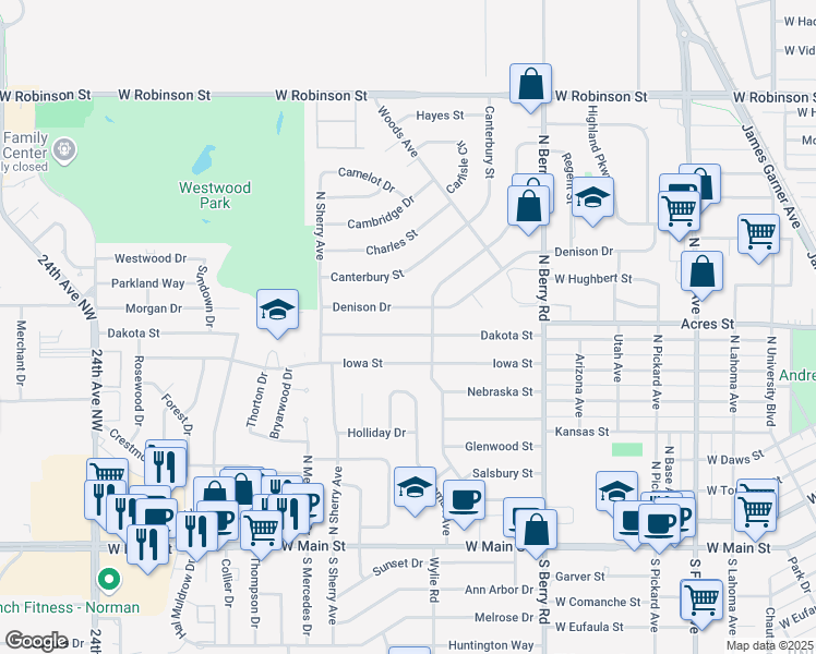 map of restaurants, bars, coffee shops, grocery stores, and more near 1509 Dakota Street in Norman