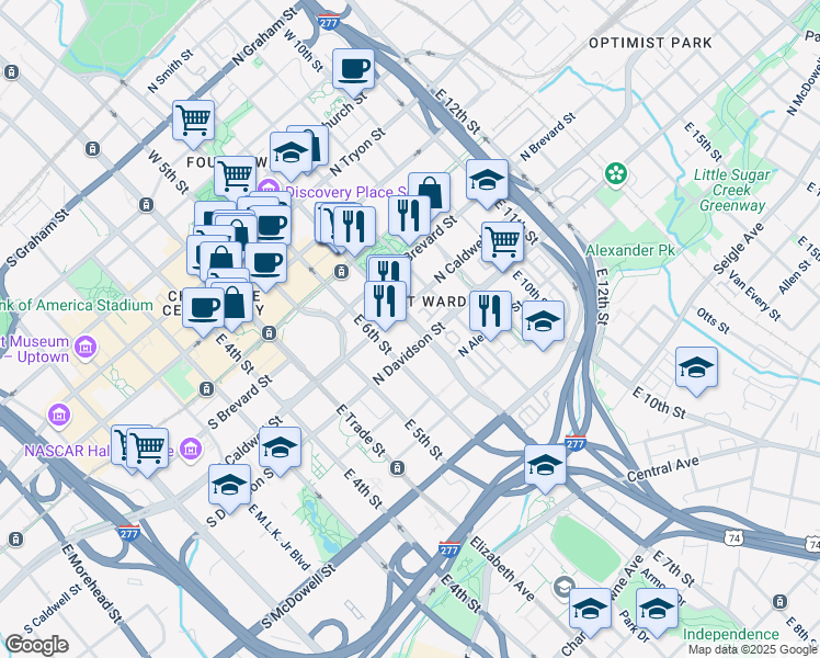 map of restaurants, bars, coffee shops, grocery stores, and more near in Charlotte