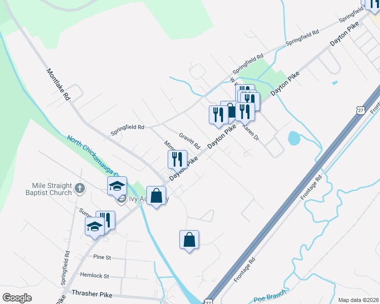 map of restaurants, bars, coffee shops, grocery stores, and more near 43 Gravitt Road in Soddy-Daisy