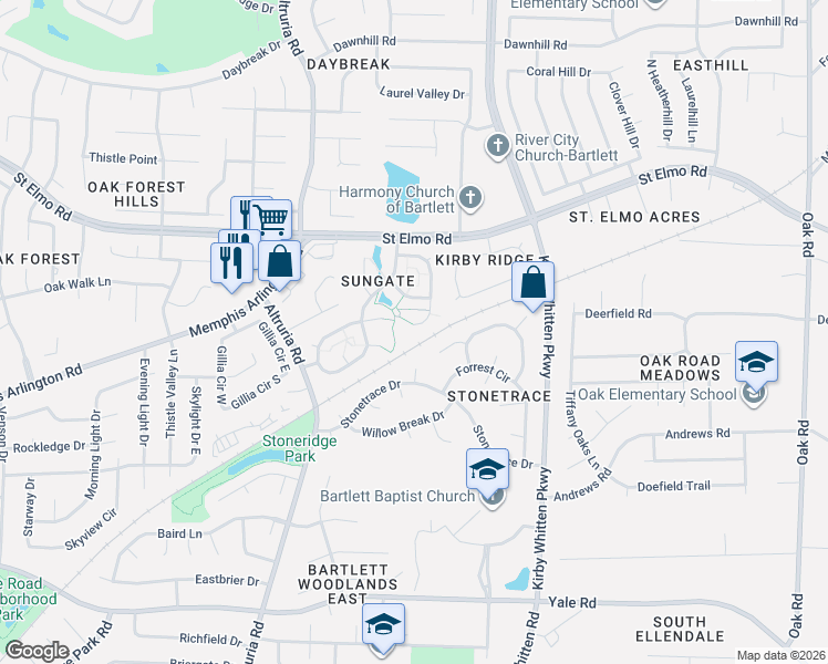 map of restaurants, bars, coffee shops, grocery stores, and more near 3625 Dawnridge Cove in Memphis