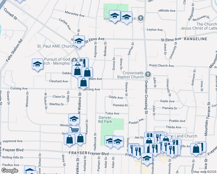 map of restaurants, bars, coffee shops, grocery stores, and more near 1951 Burnham Avenue in Memphis