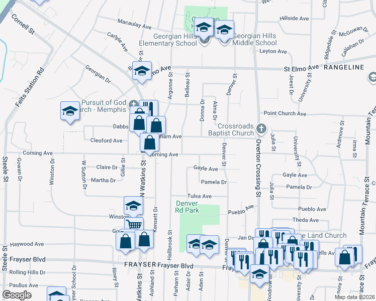 map of restaurants, bars, coffee shops, grocery stores, and more near 3673 Belleau Street in Memphis