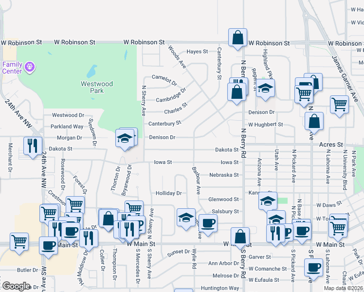 map of restaurants, bars, coffee shops, grocery stores, and more near 1510 Denison Drive in Norman