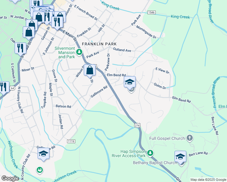 map of restaurants, bars, coffee shops, grocery stores, and more near 601 Greenville Highway in Brevard
