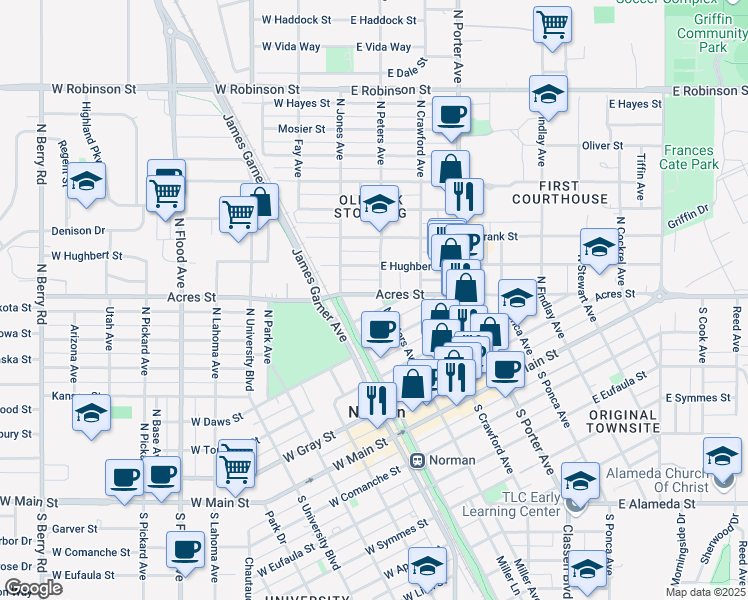 map of restaurants, bars, coffee shops, grocery stores, and more near 508 North Peters Avenue in Norman