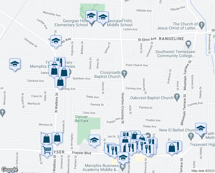 map of restaurants, bars, coffee shops, grocery stores, and more near 2044 Corning Avenue in Memphis