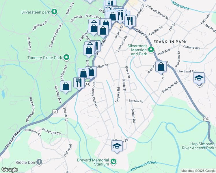 map of restaurants, bars, coffee shops, grocery stores, and more near 71 Shepard Square in Brevard