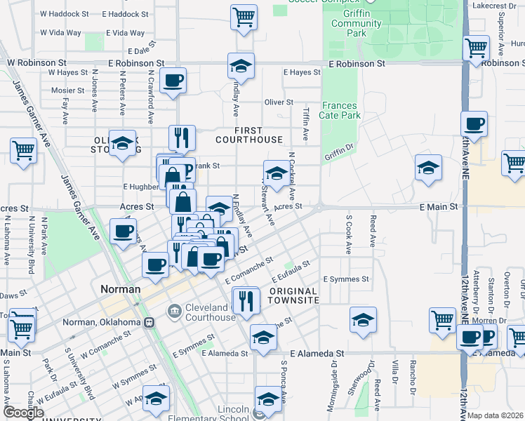 map of restaurants, bars, coffee shops, grocery stores, and more near 250 North Cockrel Avenue in Norman