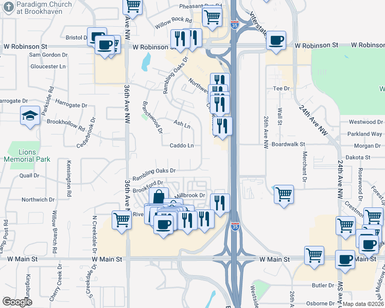 map of restaurants, bars, coffee shops, grocery stores, and more near 3212 Caddo Lane in Norman
