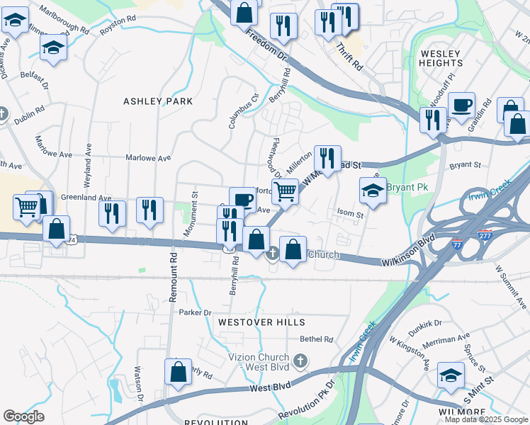 map of restaurants, bars, coffee shops, grocery stores, and more near 2216 West Morehead Street in Charlotte
