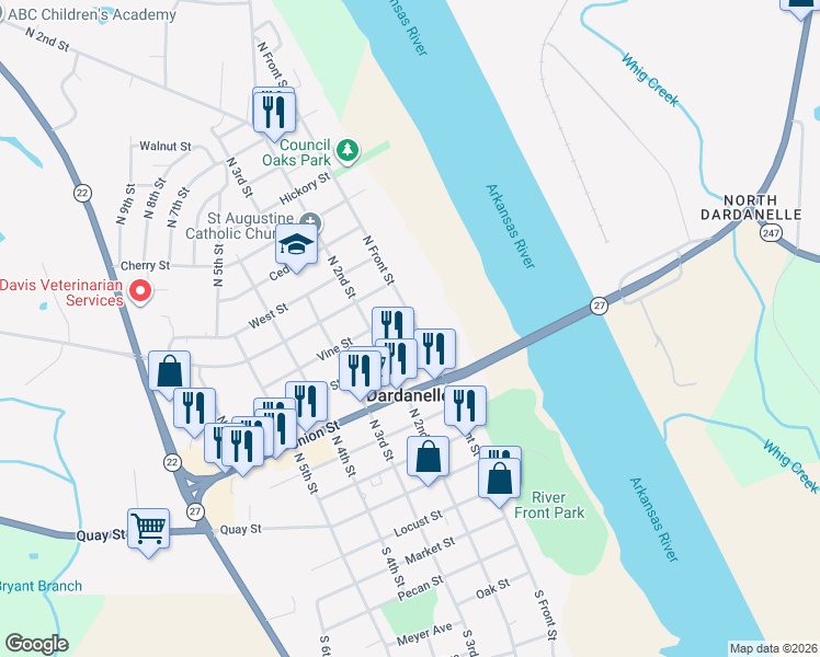 map of restaurants, bars, coffee shops, grocery stores, and more near 610 North Front Street in Dardanelle