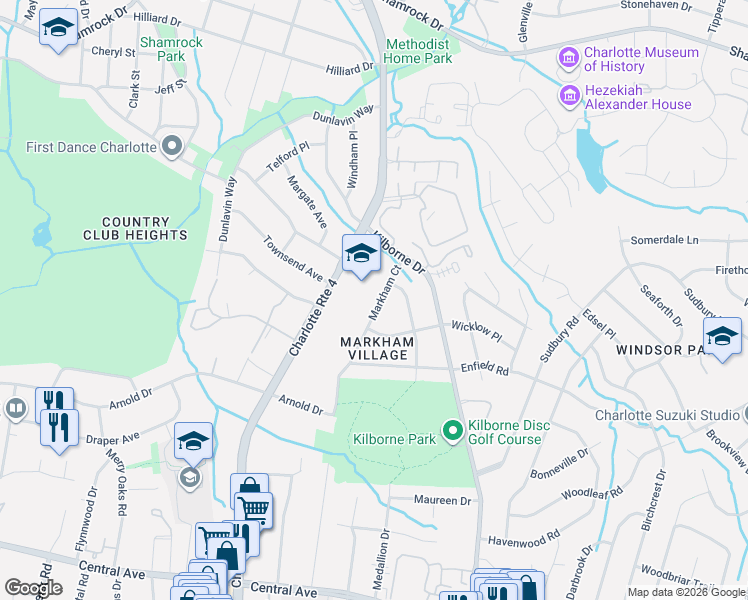 map of restaurants, bars, coffee shops, grocery stores, and more near 2222 Markham Court in Charlotte