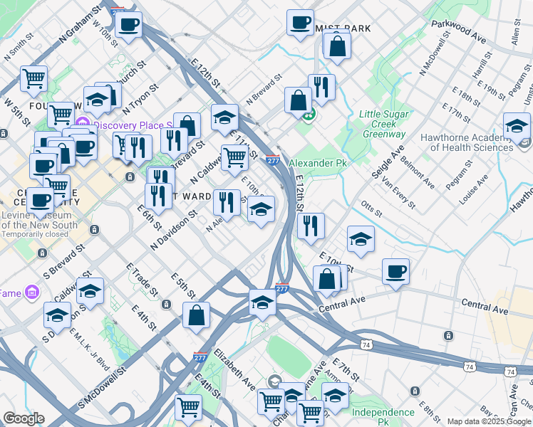 map of restaurants, bars, coffee shops, grocery stores, and more near 840 Garden District Drive in Charlotte