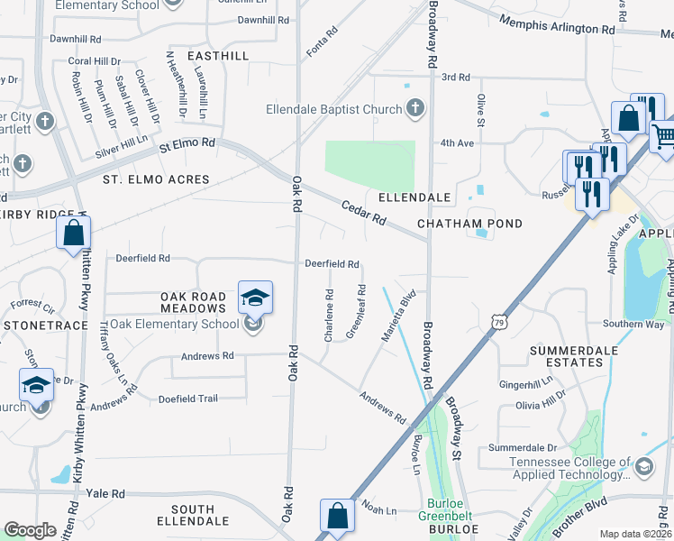 map of restaurants, bars, coffee shops, grocery stores, and more near 7198 Deerfield Road in Memphis