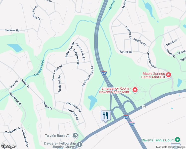 map of restaurants, bars, coffee shops, grocery stores, and more near 12111 Bending Branch Road in Charlotte