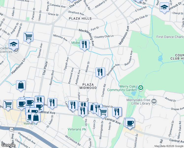 map of restaurants, bars, coffee shops, grocery stores, and more near 2405 Belvedere Avenue in Charlotte