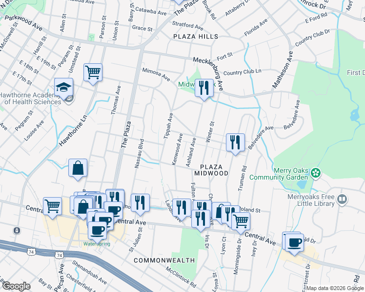 map of restaurants, bars, coffee shops, grocery stores, and more near 2021 Kenwood Avenue in Charlotte