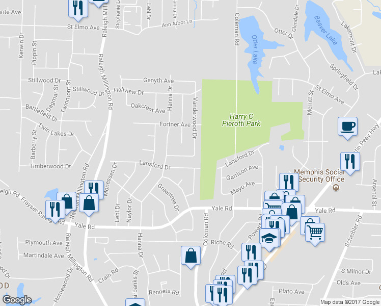 map of restaurants, bars, coffee shops, grocery stores, and more near 3684 Socorro Cove in Memphis