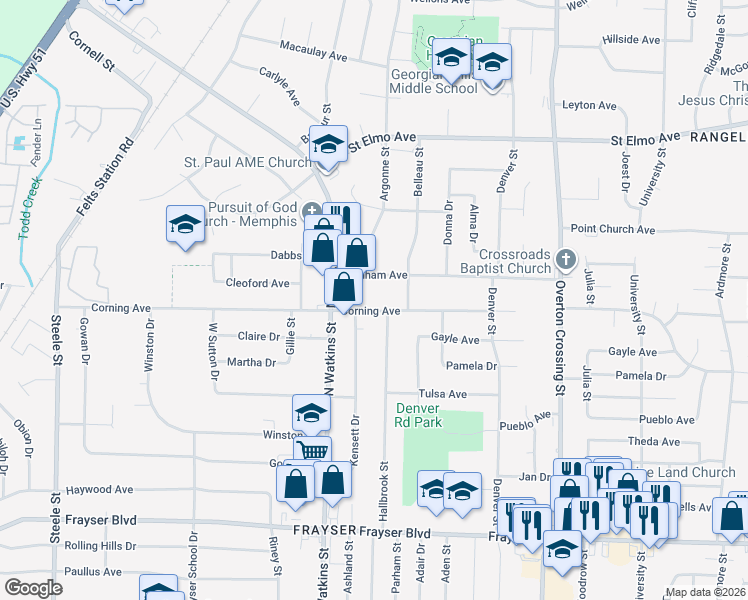 map of restaurants, bars, coffee shops, grocery stores, and more near 1863 Burnham Avenue in Memphis