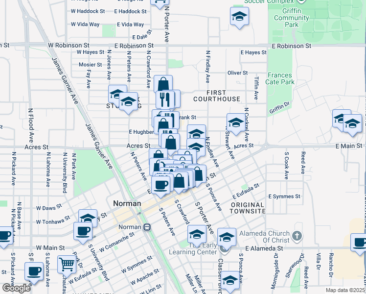 map of restaurants, bars, coffee shops, grocery stores, and more near 413 East Acres Street in Norman