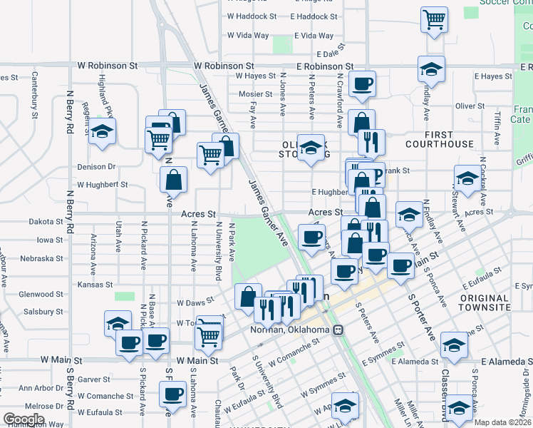 map of restaurants, bars, coffee shops, grocery stores, and more near 115 West Acres Street in Norman
