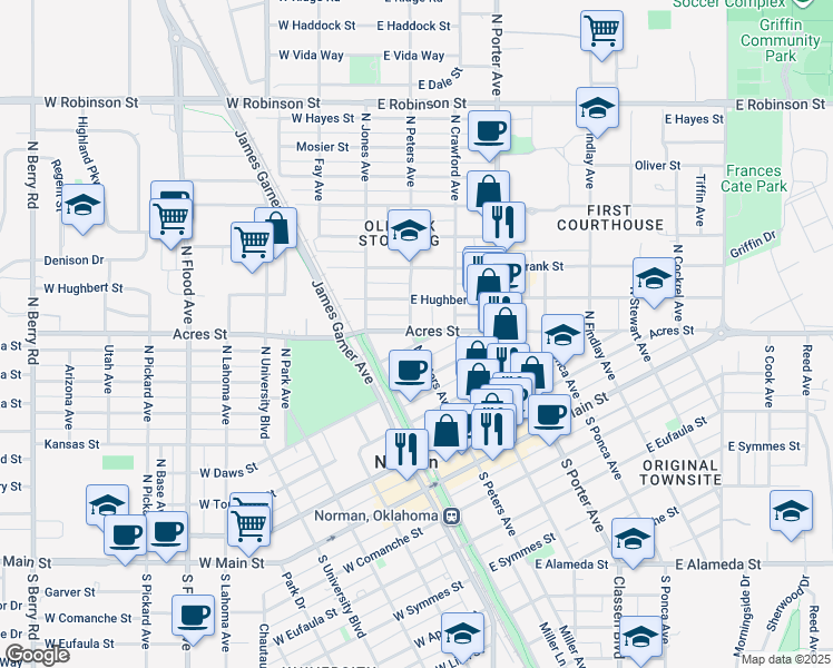 map of restaurants, bars, coffee shops, grocery stores, and more near 505 North Peters Avenue in Norman