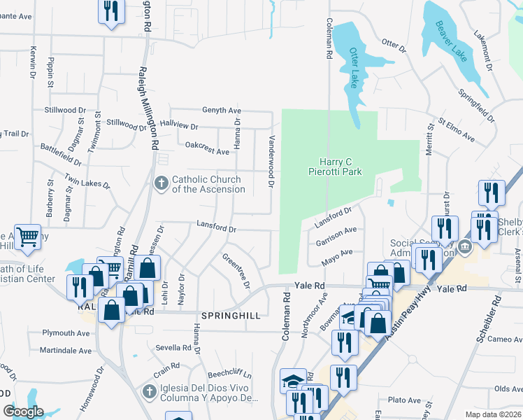 map of restaurants, bars, coffee shops, grocery stores, and more near 4338 Manor Haven Drive in Memphis